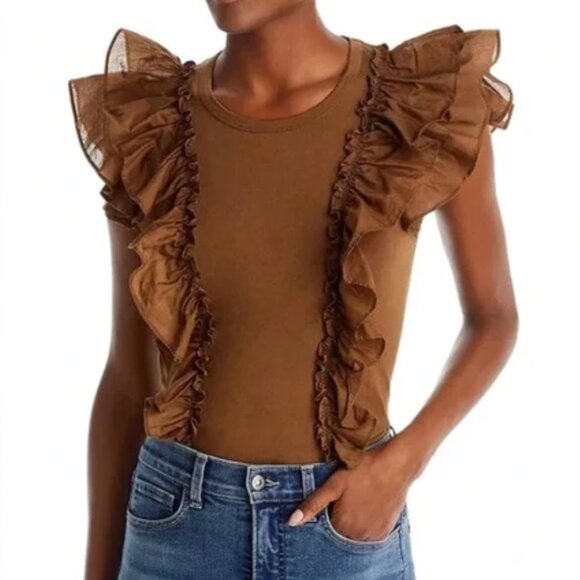 Veronica Beard Tops - Veronica Beard Bardot Ruffle Cotton Tee Brown Size Small